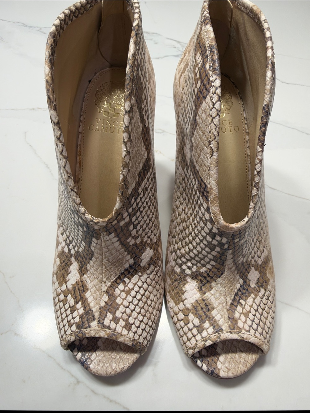 Vince Camuto Beige Snake-Print Peep-Toe Ankle Booties